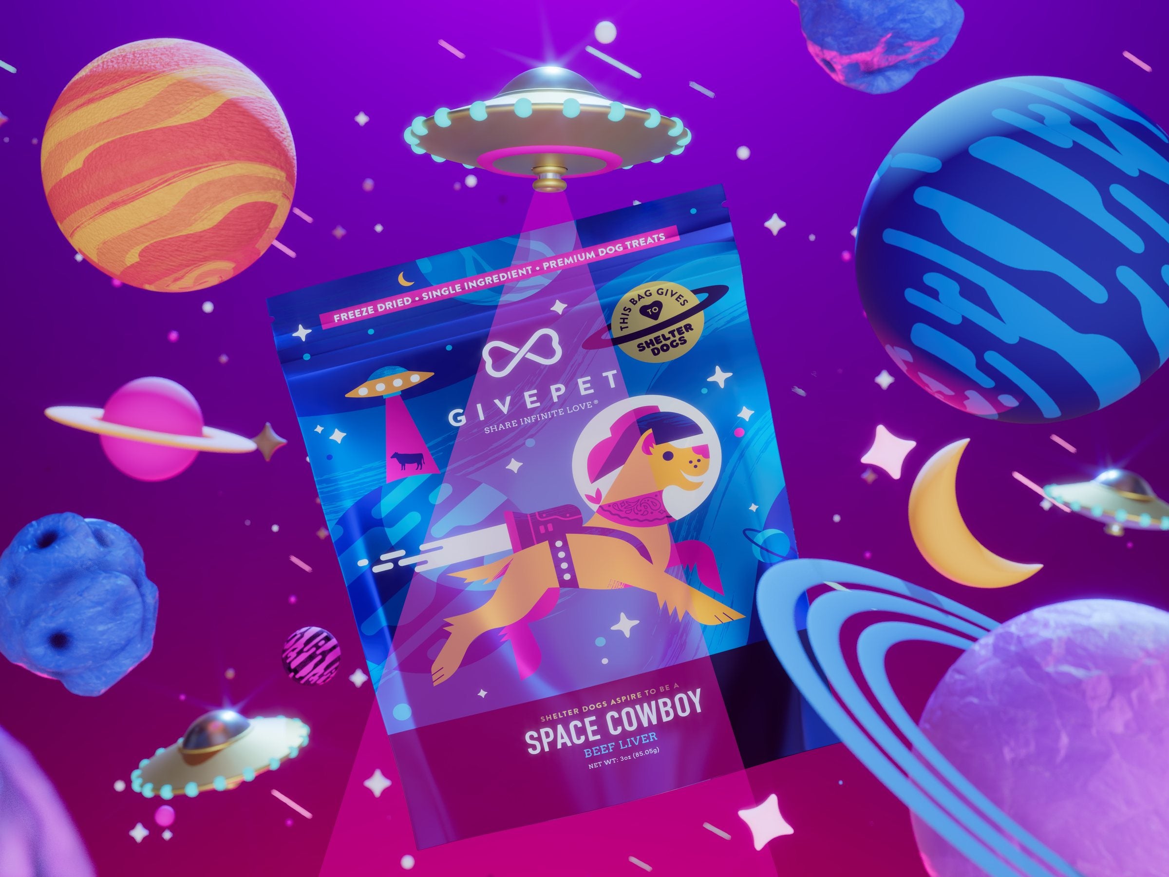 Space Cowboy pouch floating under a UFO beam among ringed planets
