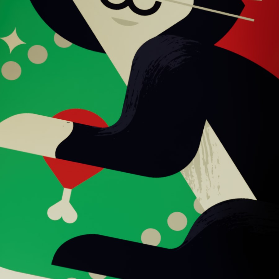 Unscaled crop of the Santa Claws pouch: the cat illustration with brush texture