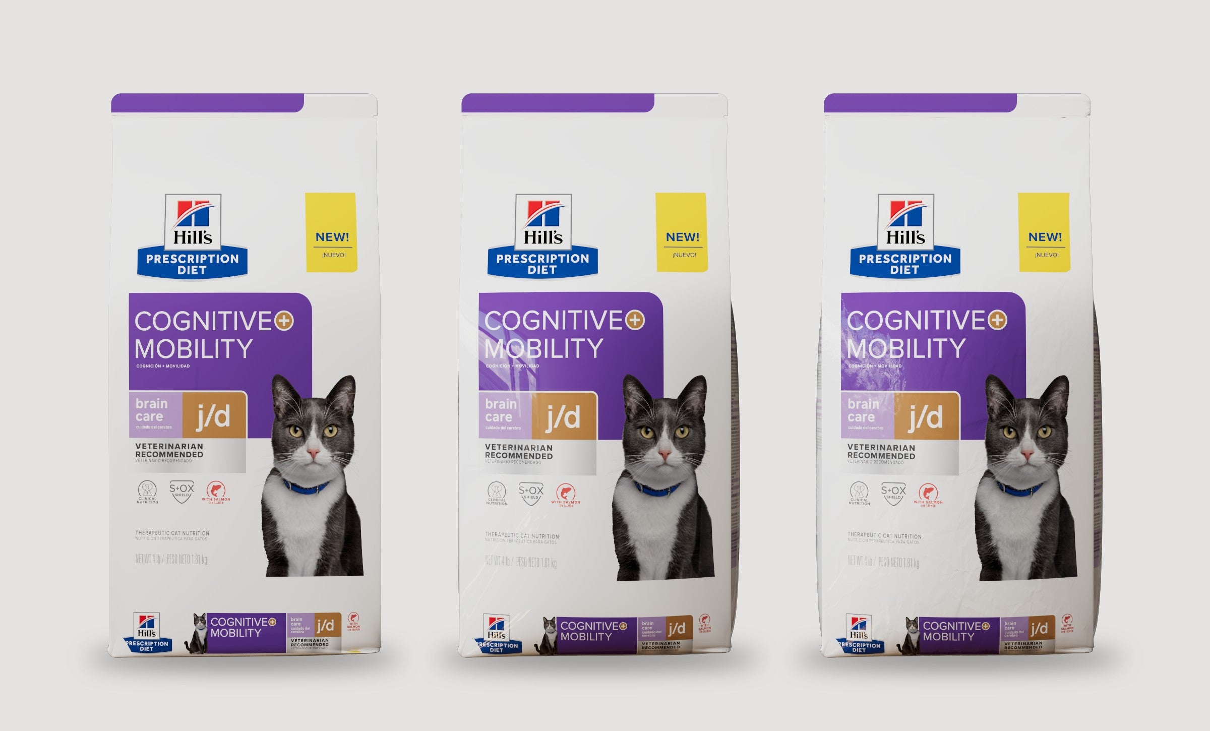 Three identical Cognitive + Mobility cat food bags side by side on light grey: standard, smooth and wrinkled