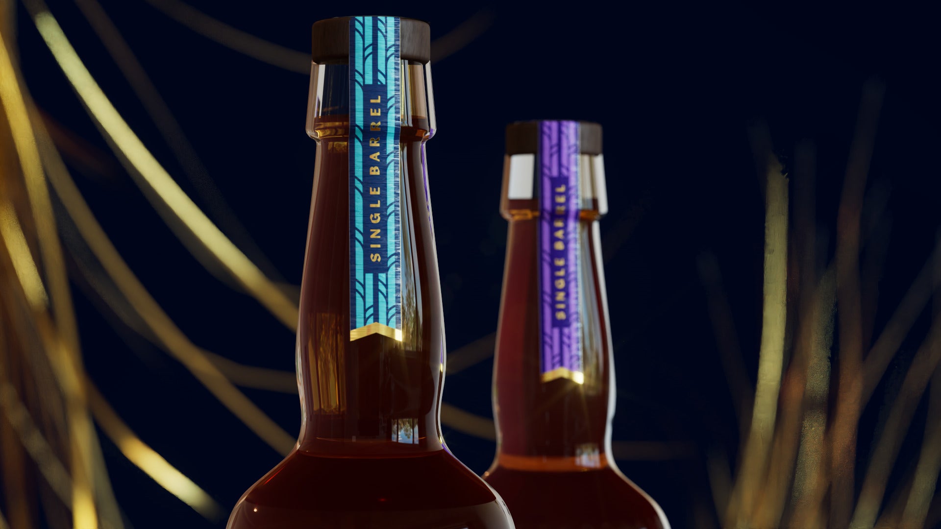 Two bourbon bottle necks in front of golden wheat, teal Single Barrel strips with gold tabs over amber whiskey