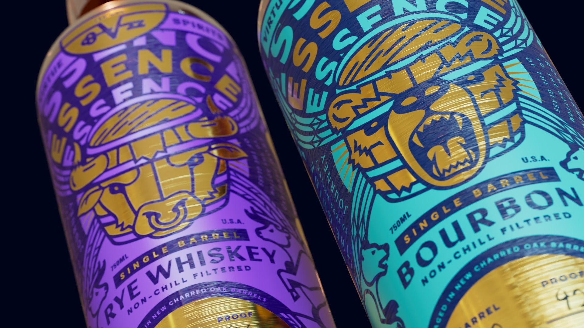 The finished render: both labels on glass, the gold bear and bull in brushed foil catching light against the matte teal and purple