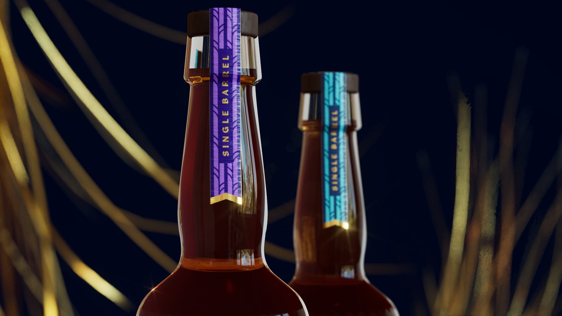 Two rye bottle necks in front of golden wheat, purple Single Barrel strips with gold tabs over amber whiskey