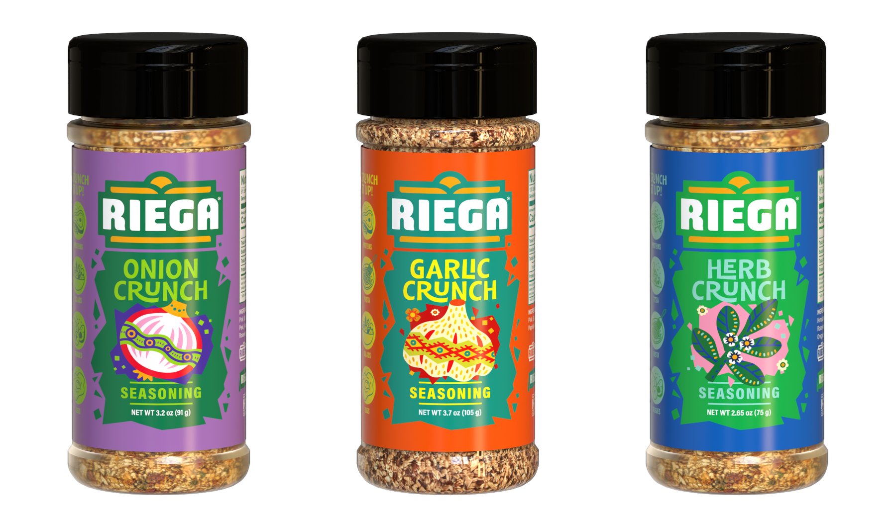 Three Crunch jars on white: purple Onion Crunch, orange Garlic Crunch and blue Herb Crunch, each showing its coarse seasoning through clear plastic.
