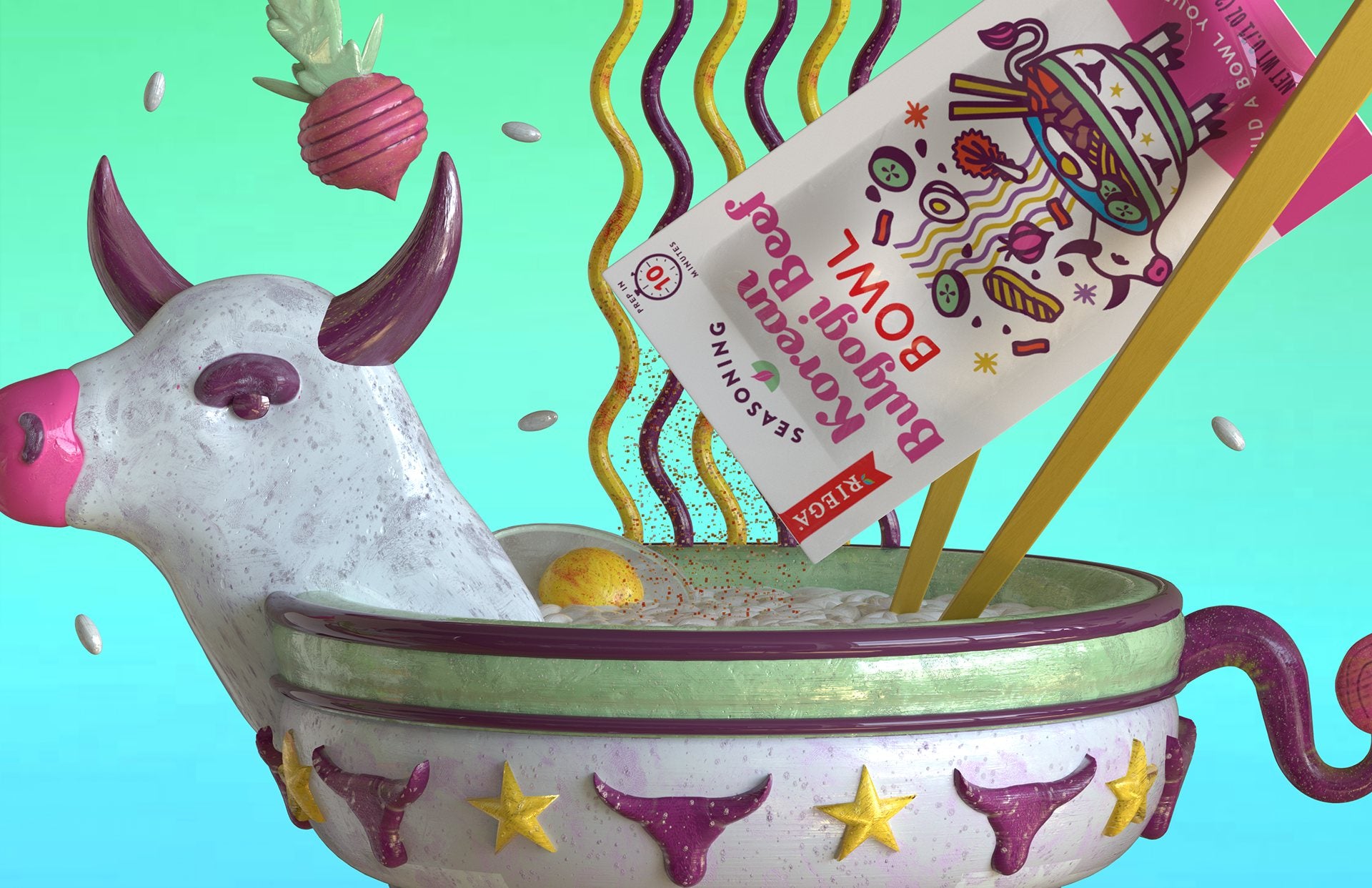 The same cow bowl as a glazed ceramic sculpture on a teal ground, with the Korean Bulgogi Beef pouch tipping into it beside chopsticks and noodles.