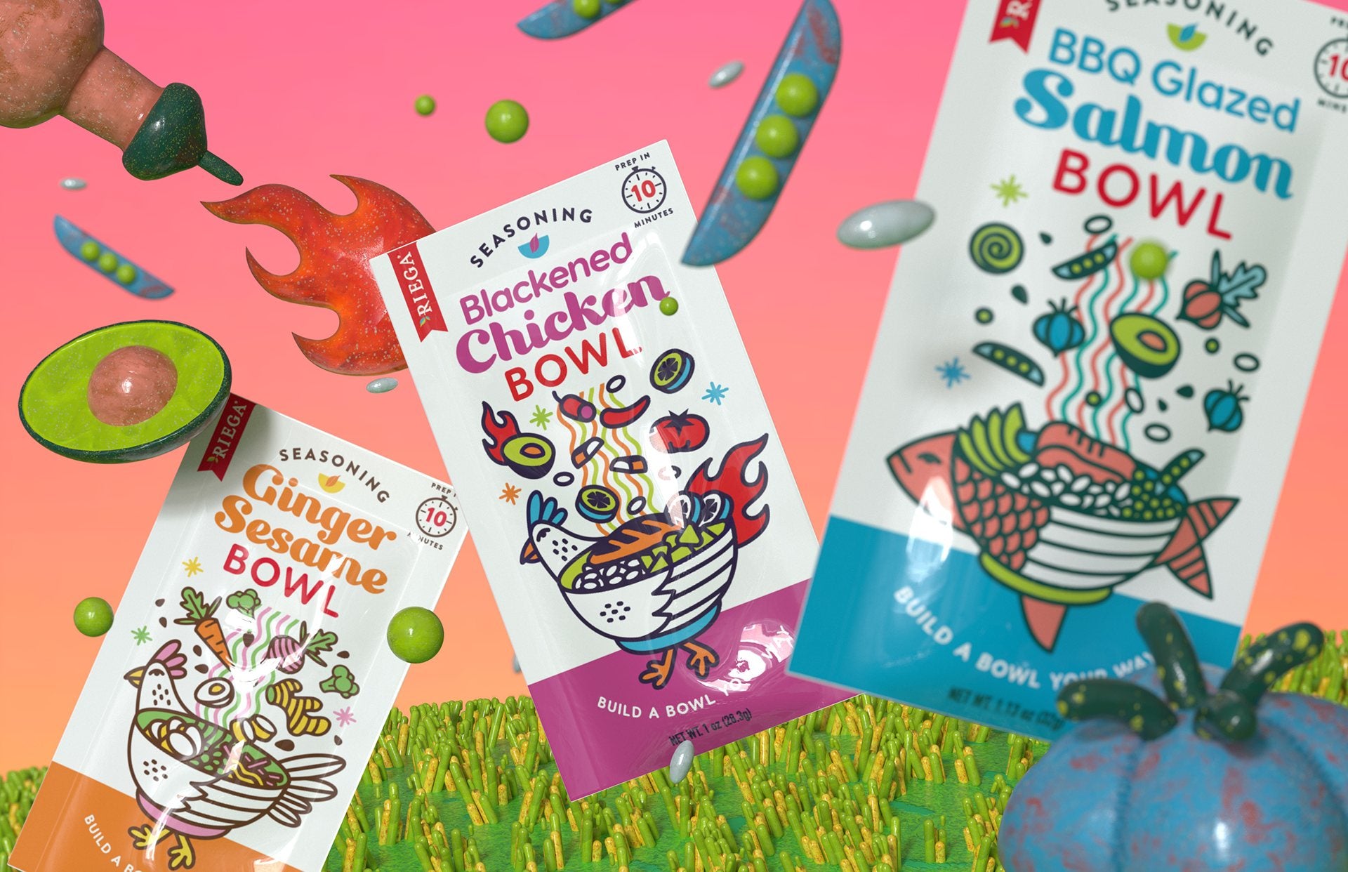 Ginger Sesame, Blackened Chicken and BBQ Glazed Salmon Bowl pouches tumble through a pink and orange sky above clay grass, with a sculpted avocado, peas and a flame floating around them.