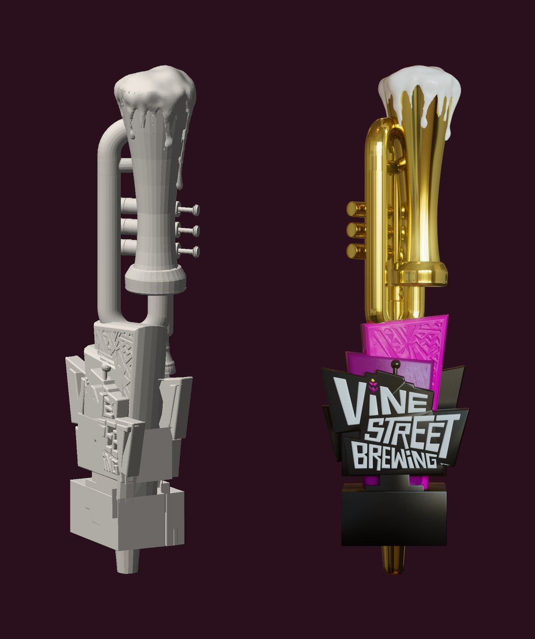 Left, an untextured grey drawing of the trumpet tap handle's print geometry showing the relief logo plate, valves and foam. Right, the finished gold and magenta render of the same handle