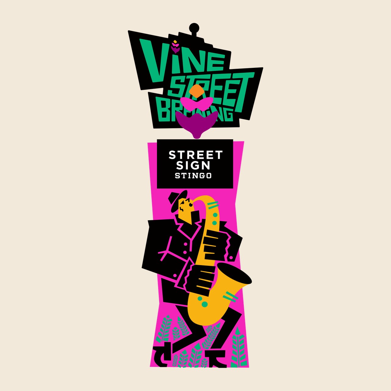 The flat Street Sign Stingo handle art: the Vine Street Brewing logo crown, a black name plate and a sax player on a magenta panel