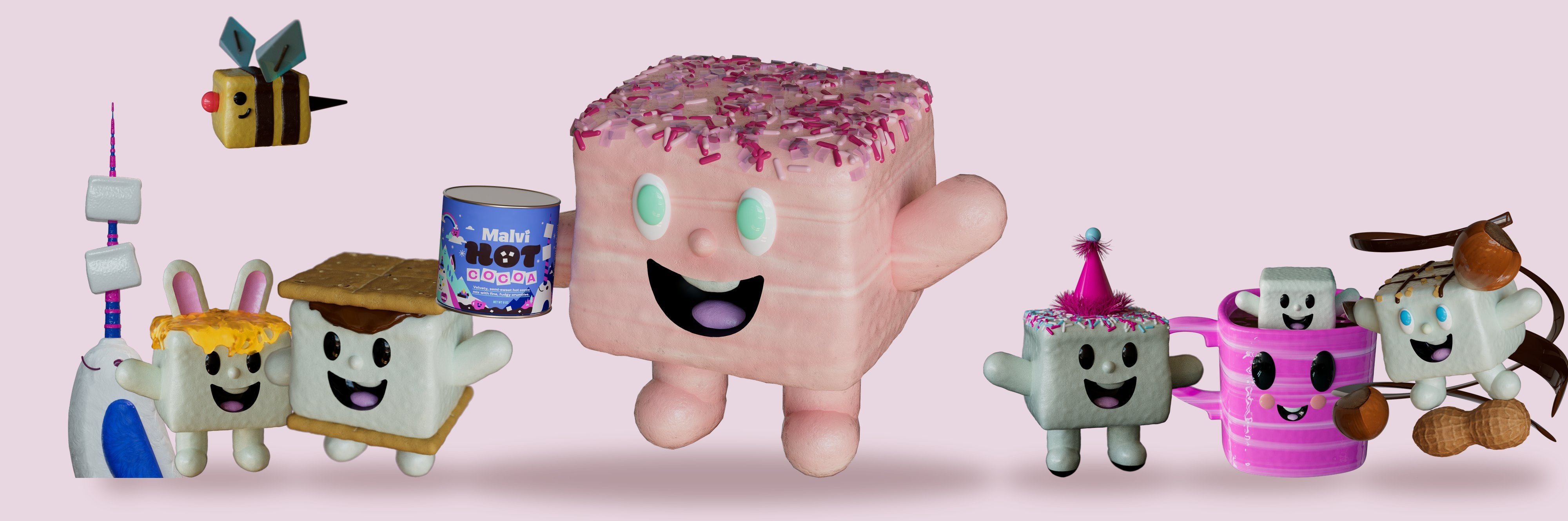 The Malvi cast together: a narwhal, a bunny, a s'more and a flying bee; the big pink Hot Cocoa marshmallow holding its tin; the party-hat mascot, a mallow in a pink mug and a nutter mallow with peanuts.