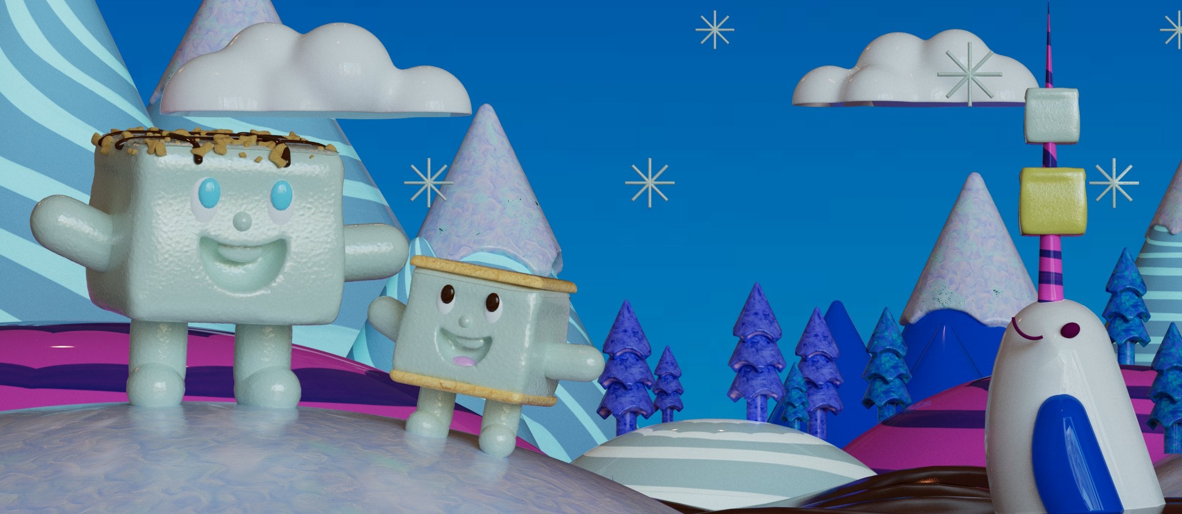 A winter world of striped candy mountains, frosted blue trees and white clouds, with a toasted marshmallow and a s'more waving from the snow and a narwhal with a striped horn of stacked mallows.