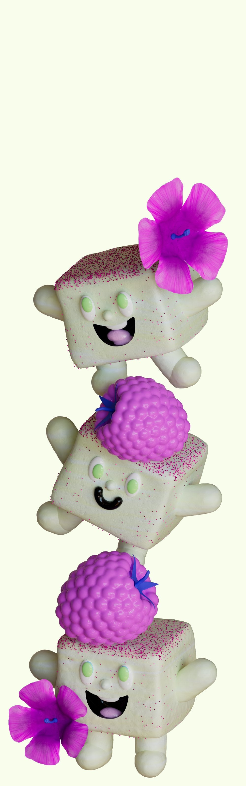 Three stacked marshmallows with hibiscus flowers and raspberries.