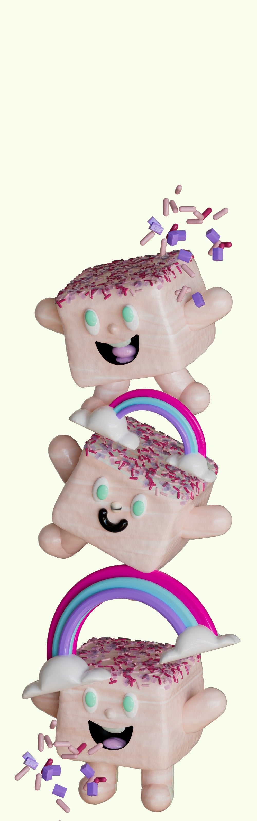 Three pink marshmallows with rainbows and cotton candy.