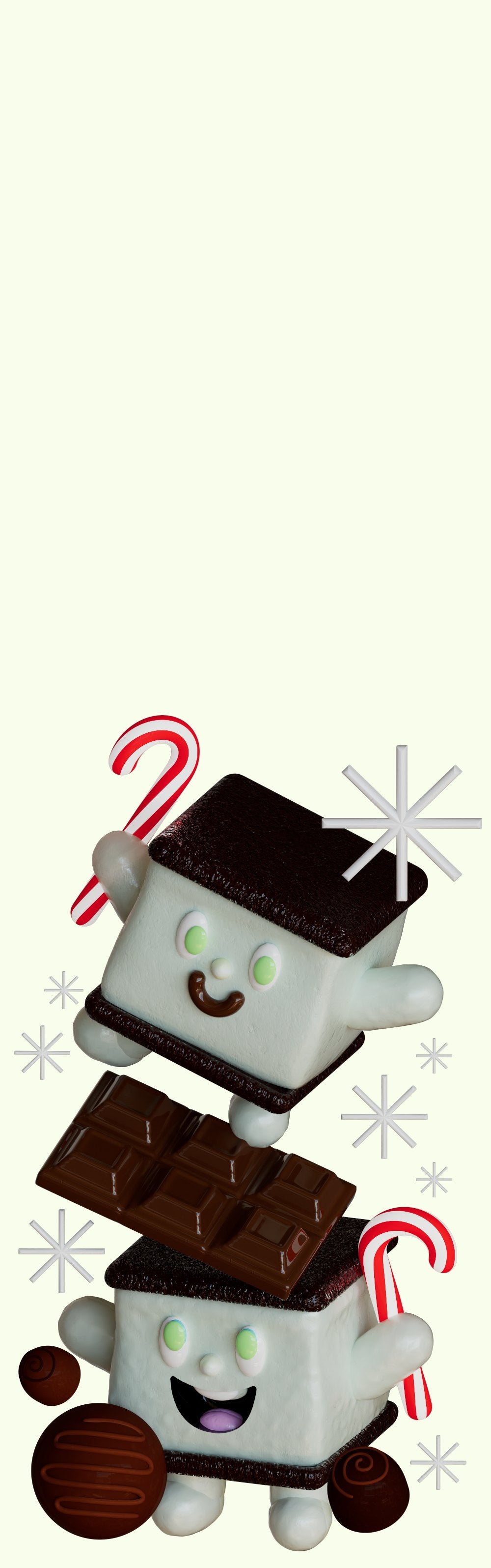 Marshmallows stacked with chocolate squares and candy canes.