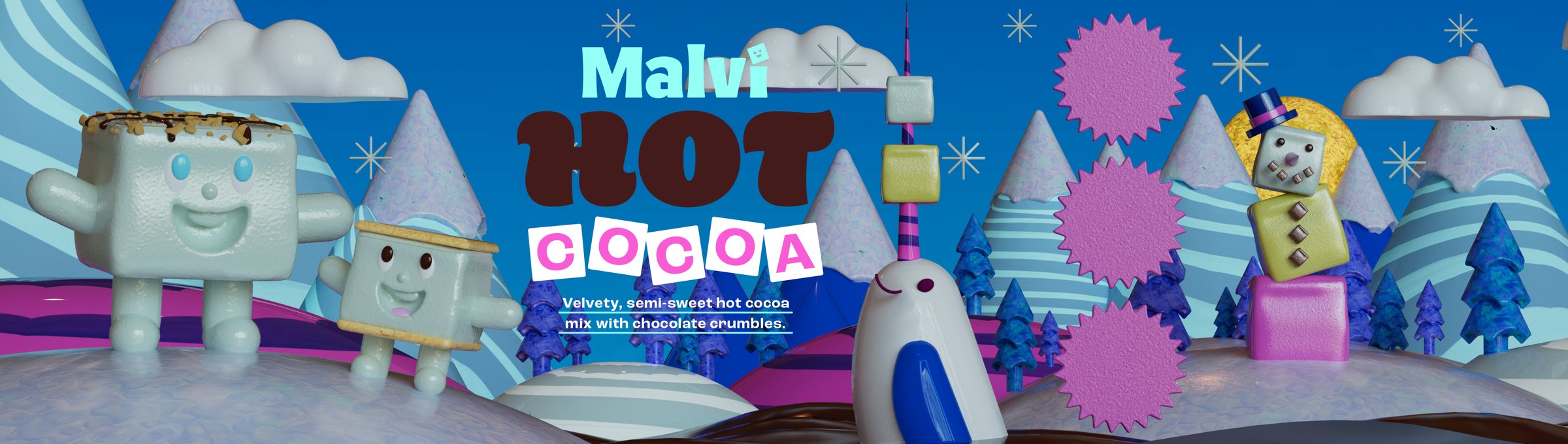 The winter wrap with the Malvi Hot Cocoa title and the line 'Velvety, semi-sweet hot cocoa mix with chocolate crumbles'.
