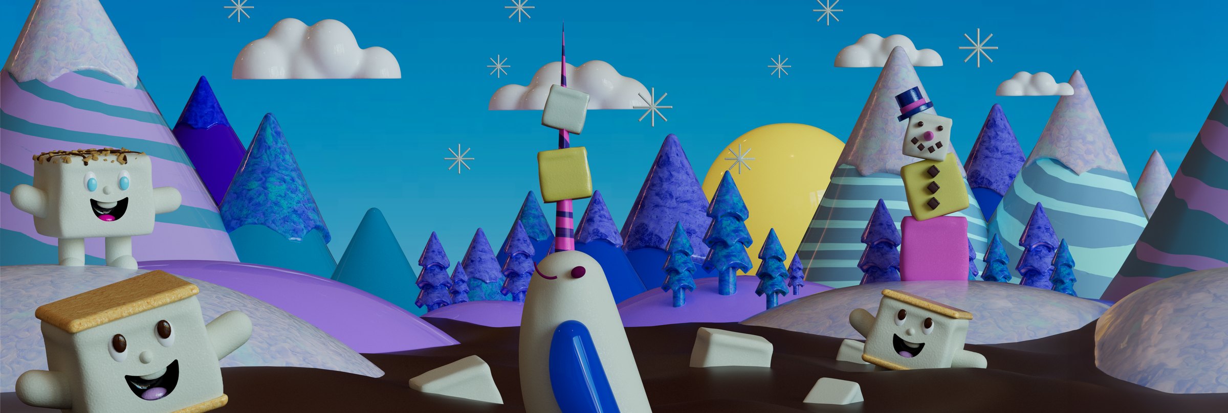 The winter tin wrap: candy mountains, blue trees, a narwhal, a snowman stack and marshmallow characters on snow, scrolling in a continuous loop.