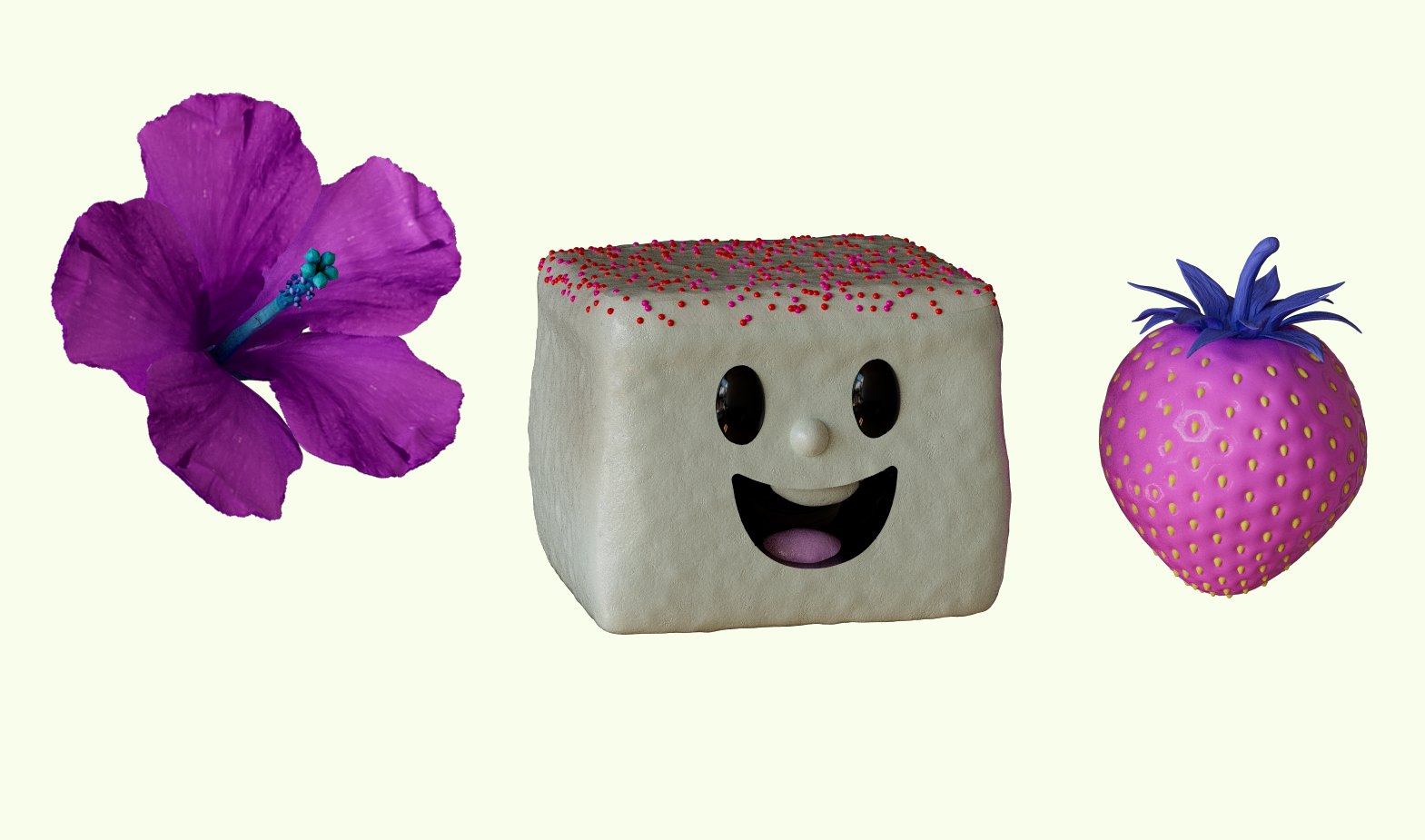 A purple hibiscus flower, a marshmallow with sprinkles and a pink berry side by side.
