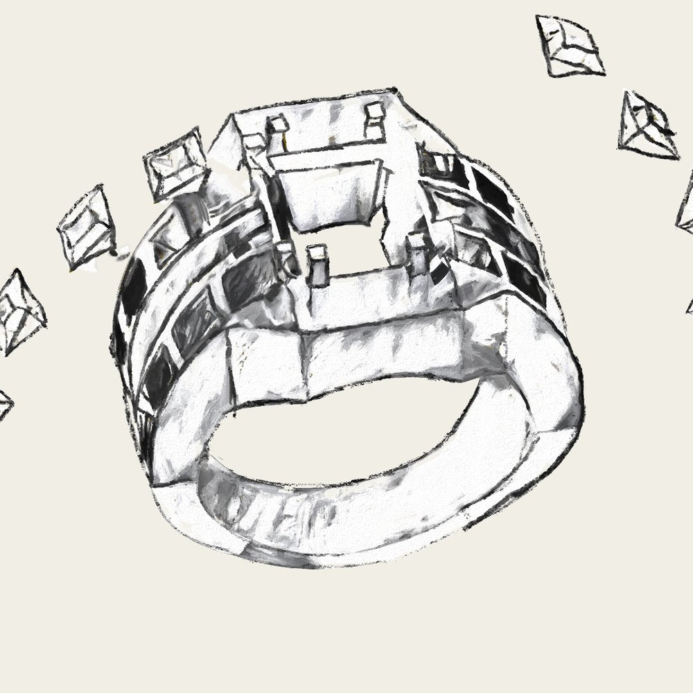 A painted, ink-outlined version of the ring with stones arriving at the side.