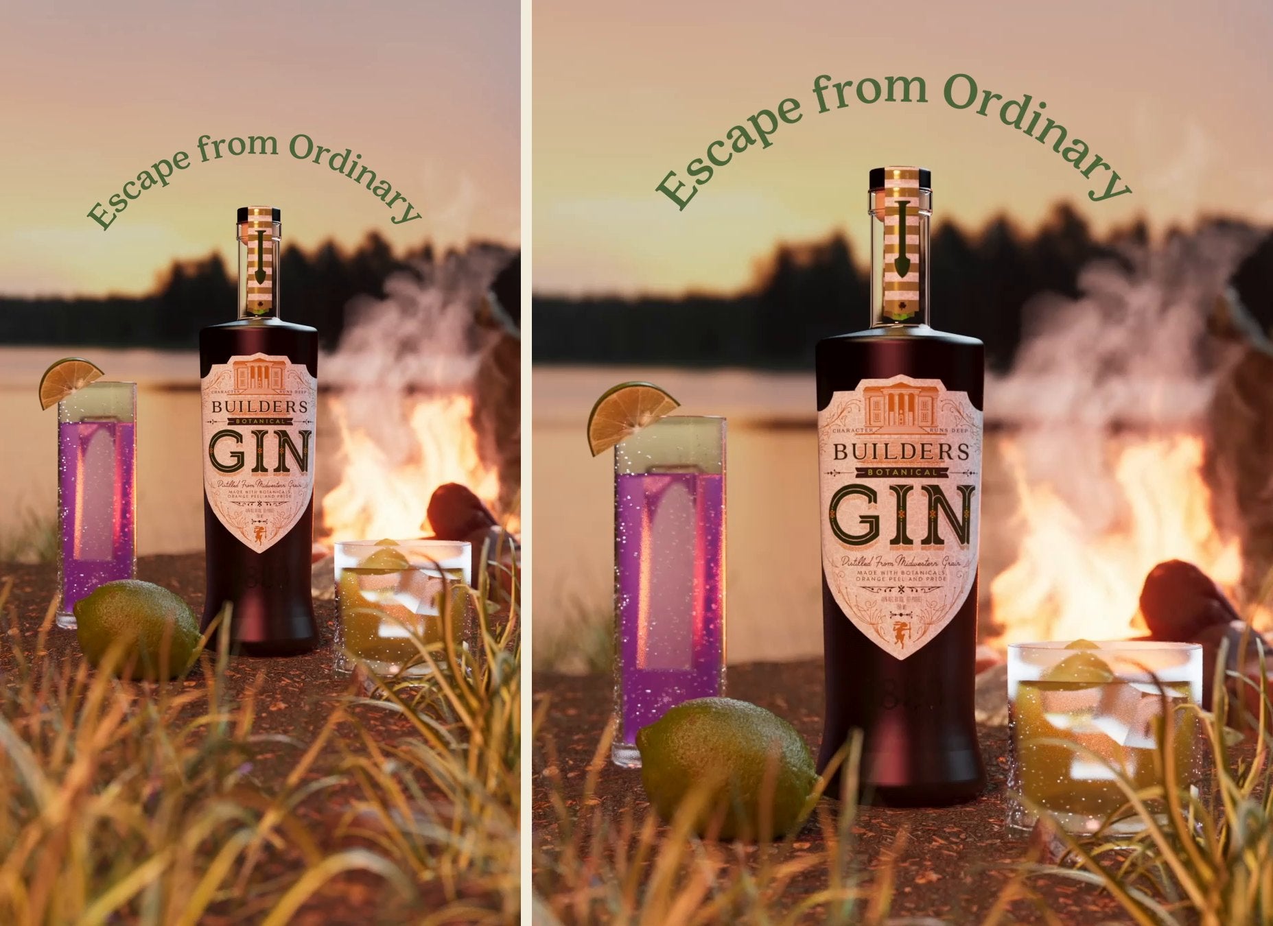 The delivered campfire story at 9:16 beside the delivered feed post at 4:5; in the 4:5 the camera sits closer and the line Escape from Ordinary is re-set above the bottle