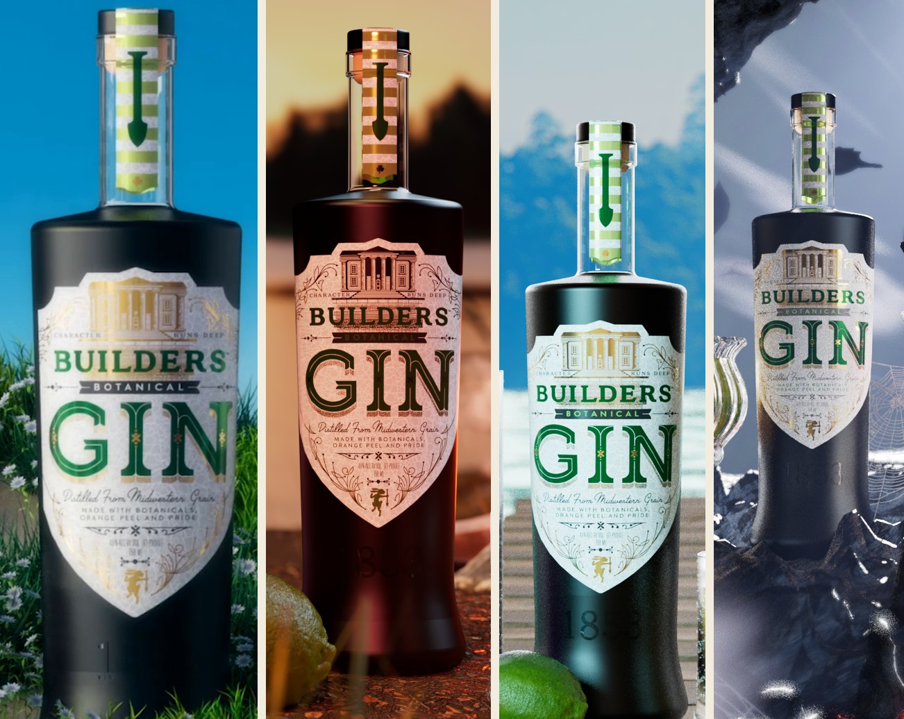 Four crops of the same Builders Gin bottle from the meadow, campfire, lake and cave renders, side by side