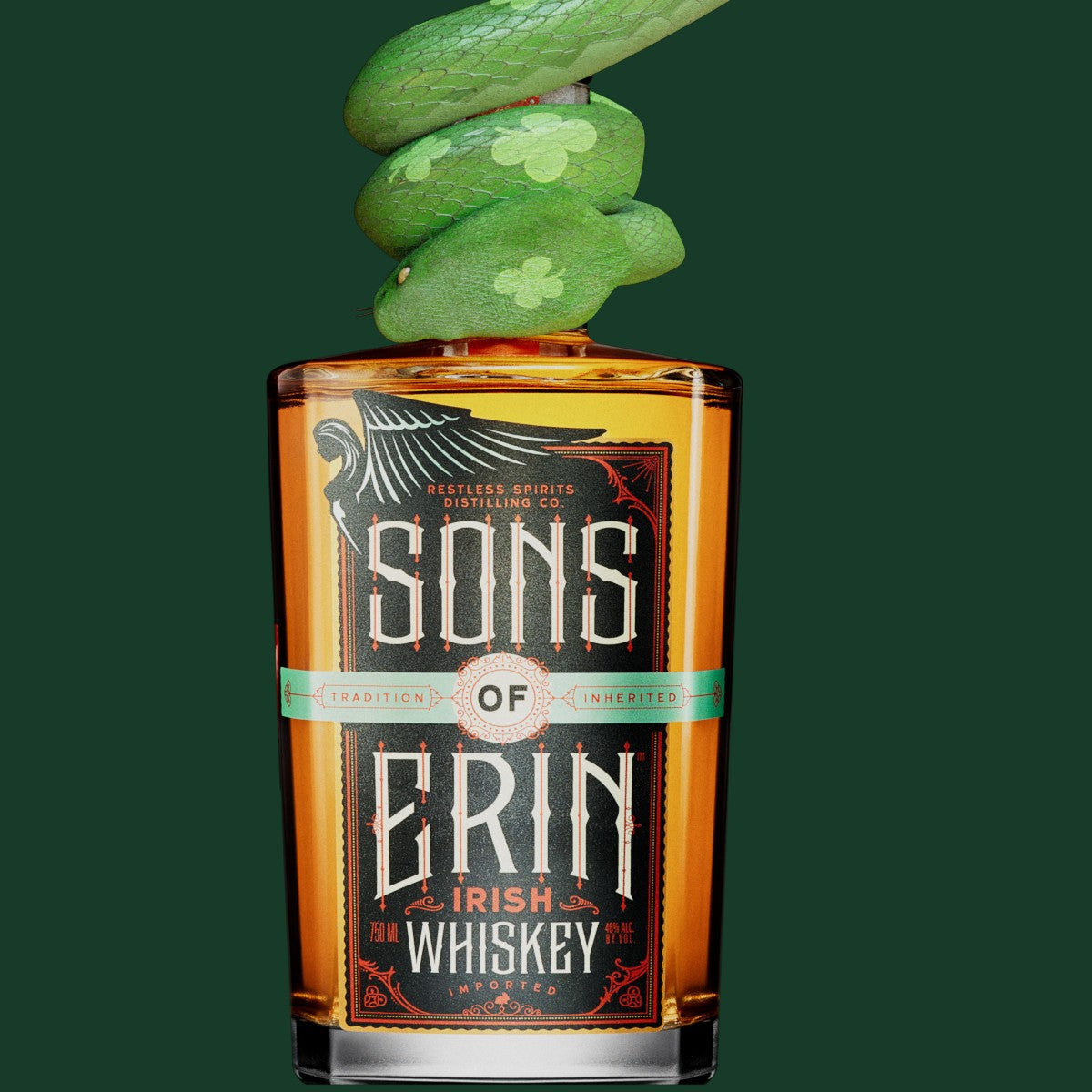 The Sons of Erin bottle with the green shamrock snake coiled over its neck, on a plain dark green ground