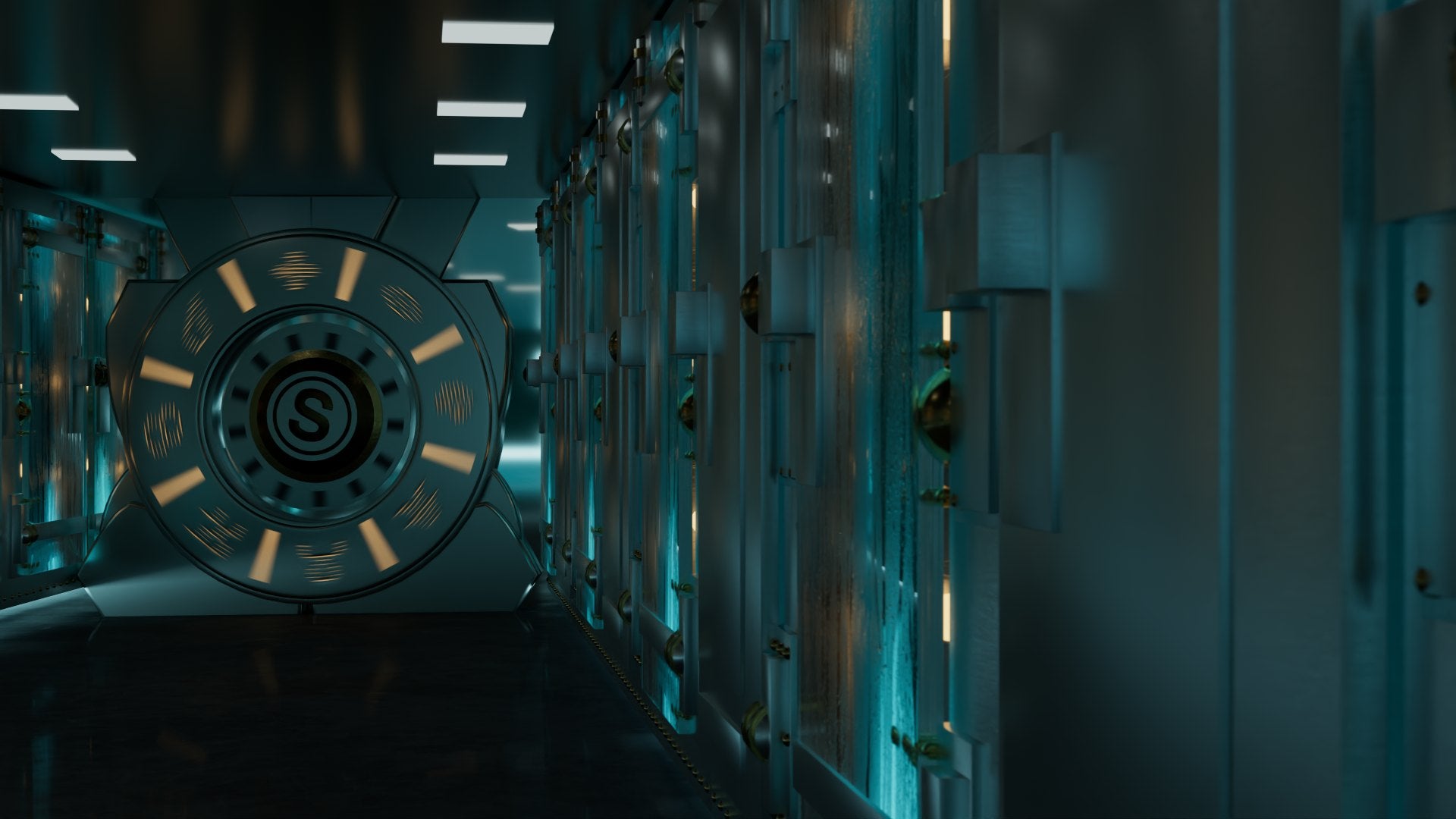 The dial large on the left of frame, fully lit brass, the locker wall receding on the right
