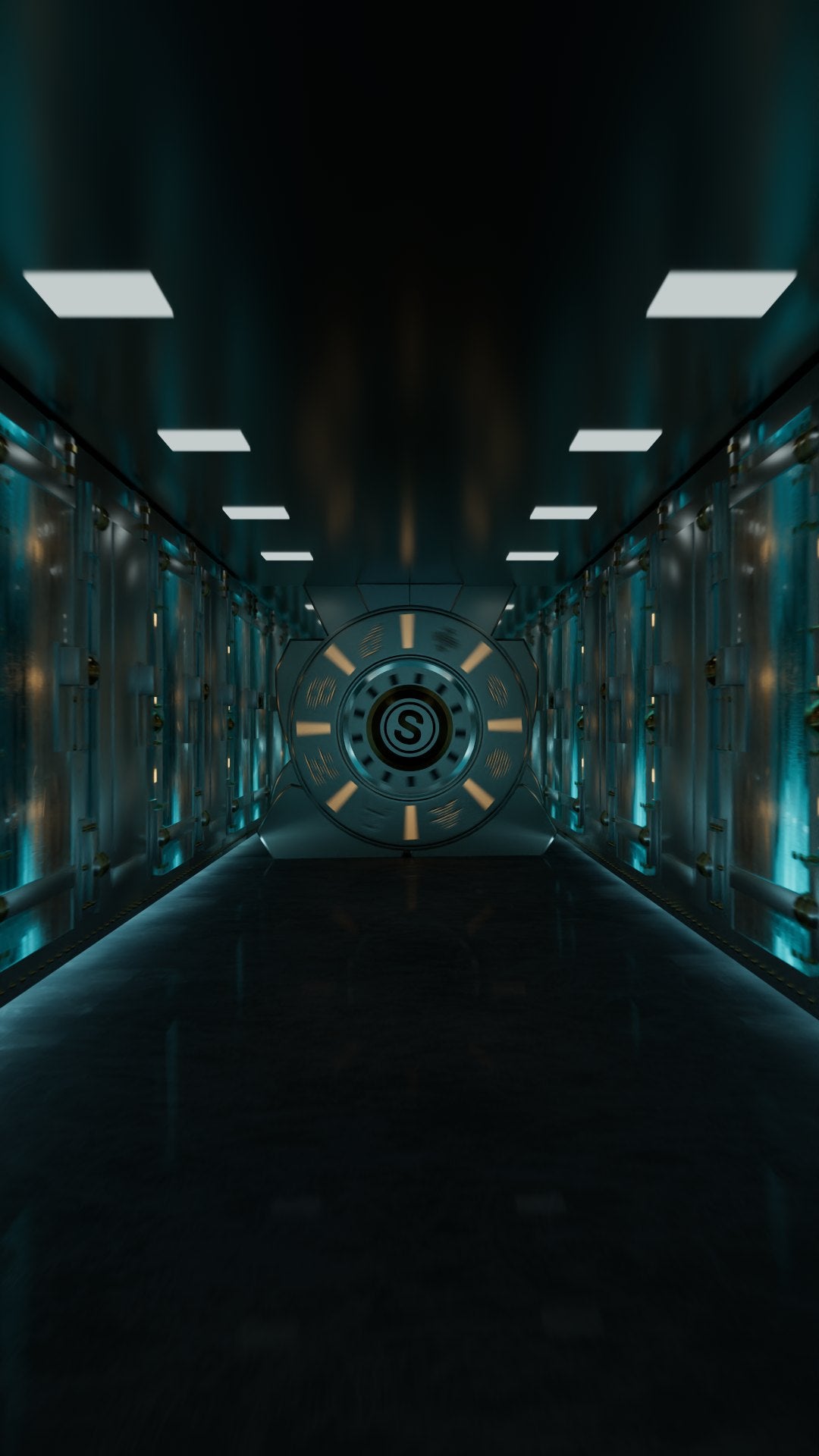Vertical frame: the corridor in one-point perspective, the lit dial small in the centre