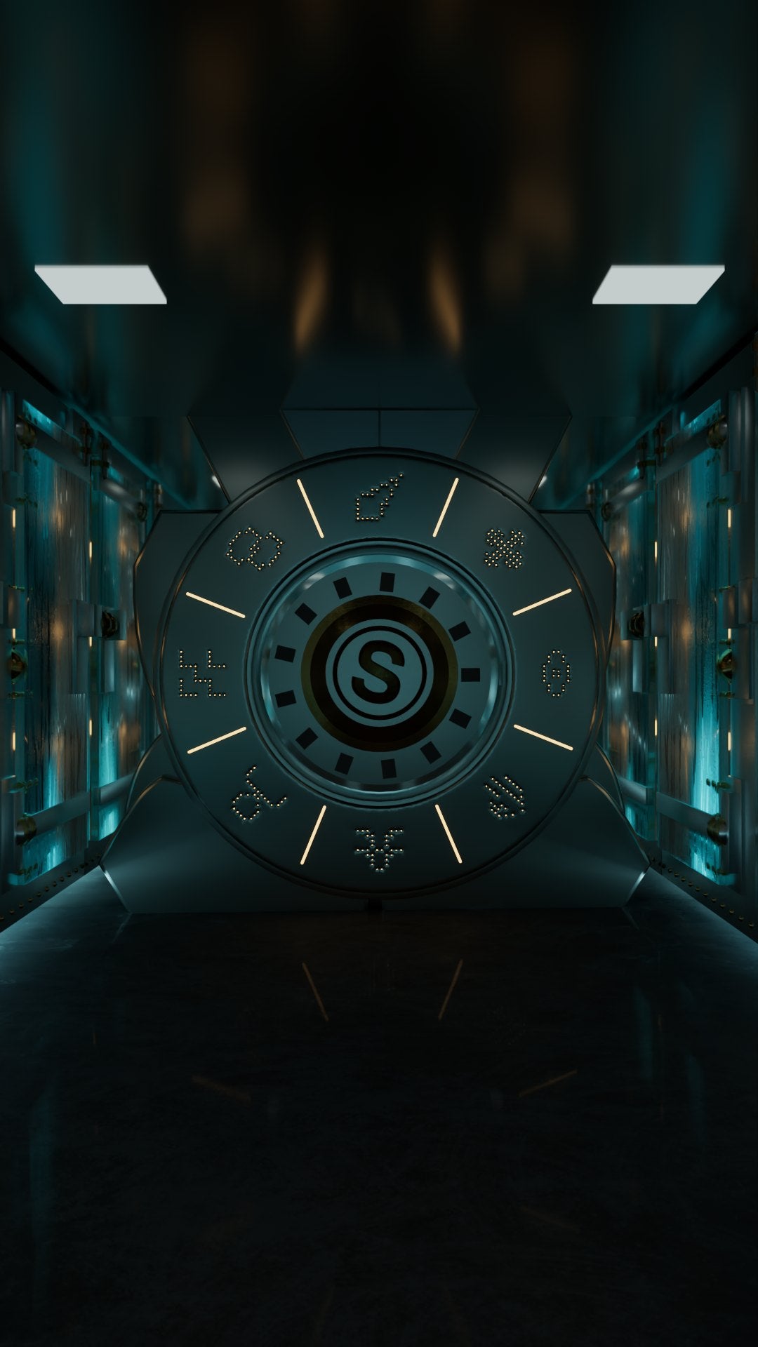 Vertical frame: the settled dial filling the width of the screen, the corridor walls framing it