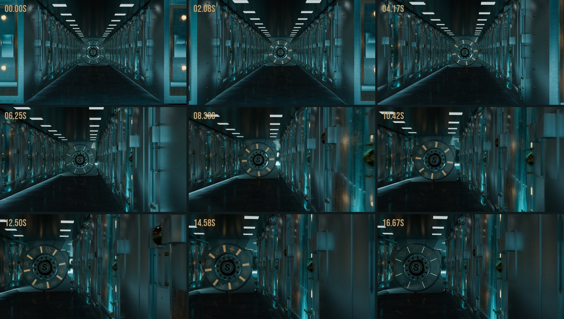 Nine frames from the shot, two seconds apart: the corridor seen square on from far away, the camera moving closer and to the right past locker doors, the dial lighting brass at about 2, 8 and 13 seconds, and the final frame close on the settled dial