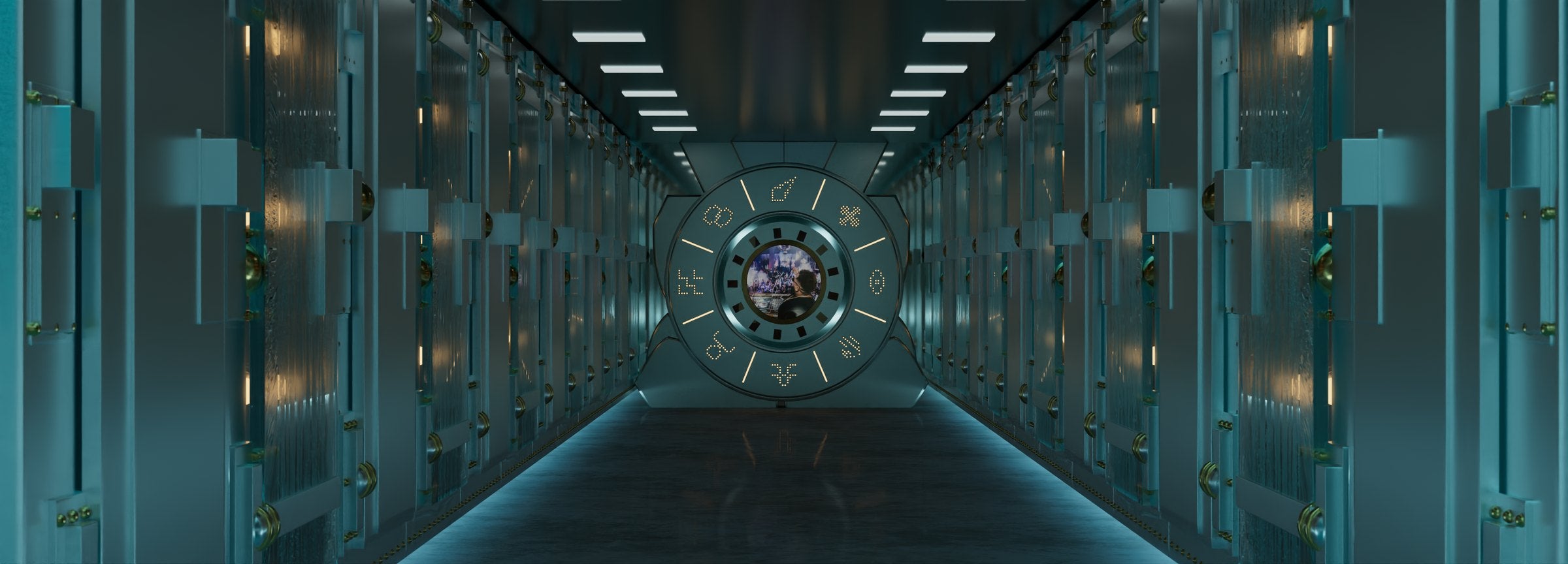 Wide style frame of the vault corridor with a photograph of a crowd visible inside the dial's centre, as if through a window