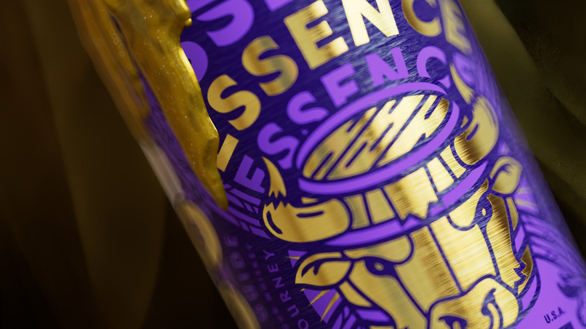 Still: gold wax rolling over ESSENCE on the purple rye label