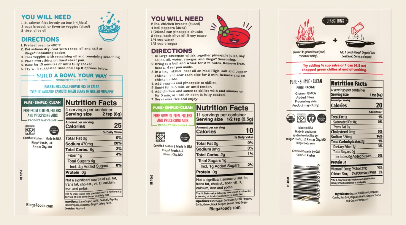 Three pouch backs on cream: BBQ Glazed Salmon Bowl, Hawaiian Chicken Skillet and Tex-Mex Taco, each with directions, a small illustration and a nutrition panel.