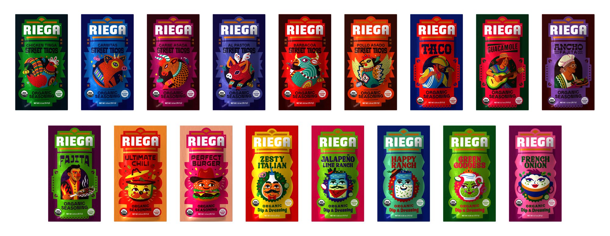 Seventeen rebranded Riega pouches in two rows: six Street Tacos flavours, four Tex-Mex, Ultimate Chili and Perfect Burger, and five Dips and Dressings, each a saturated colour with the RIEGA banner and a character illustration.