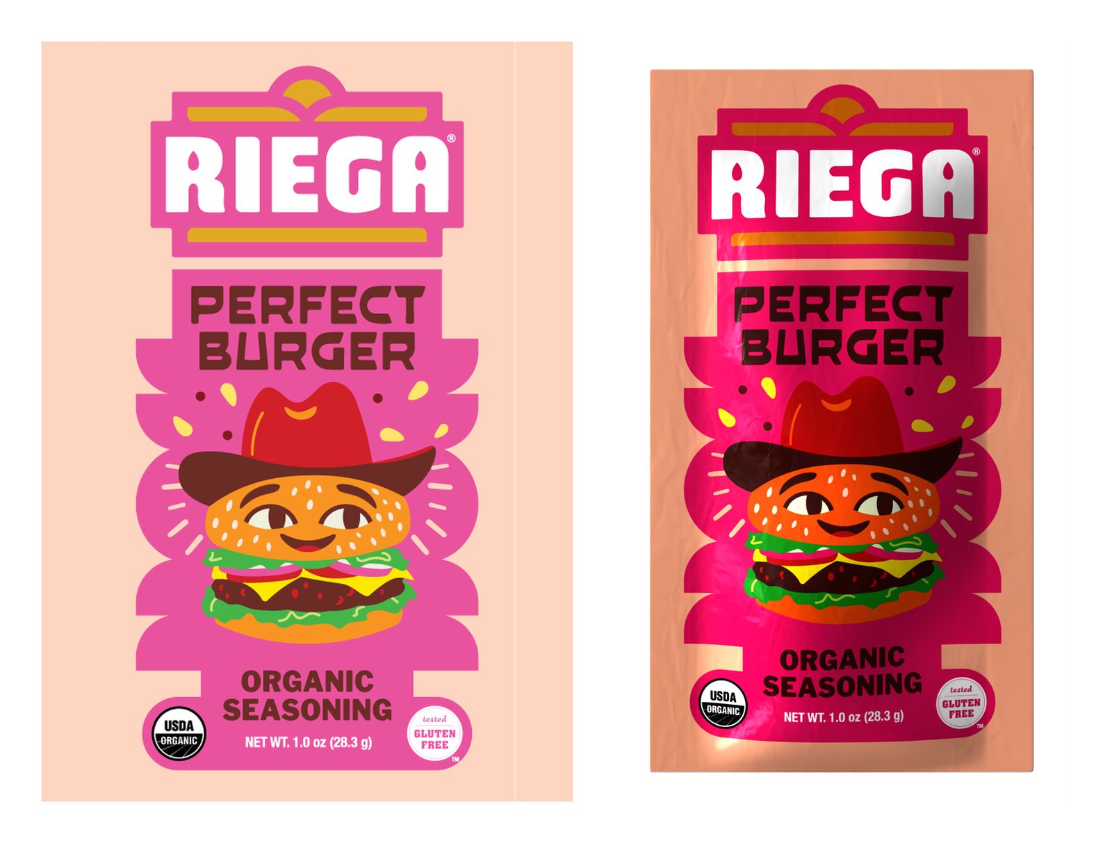 Perfect Burger twice on white: on the left the flat pink print panel, on the right the rendered pouch, filled and curved, with crimped seals and a sheen on the film.