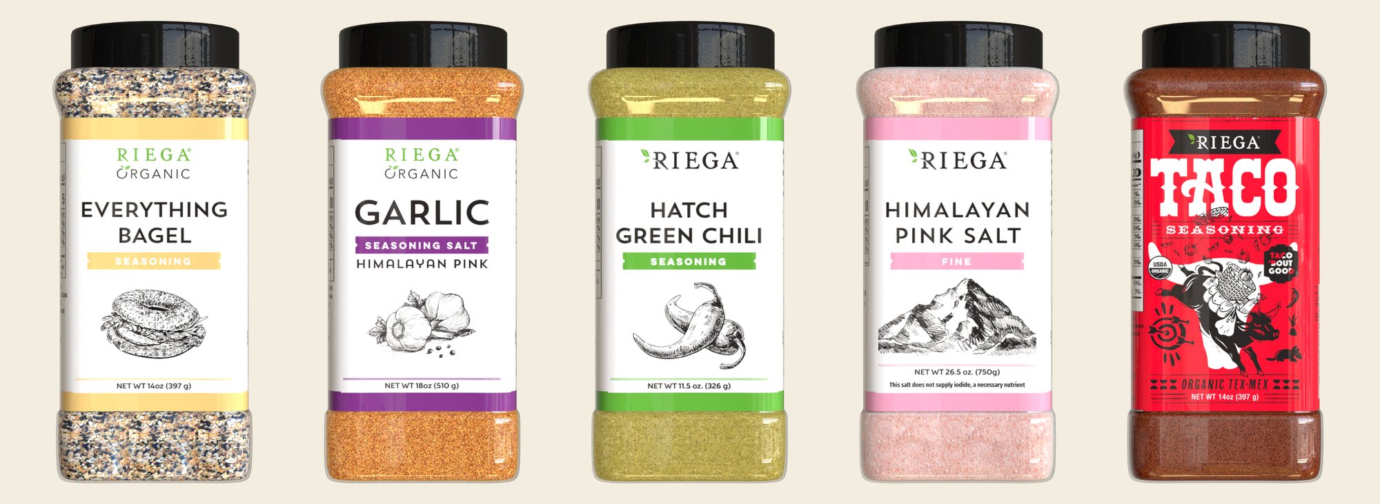 Five Riega shaker jars in a row on cream: Everything Bagel, Garlic, Hatch Green Chili, Himalayan Pink Salt and a red Taco Seasoning jar, each filled with its own seasoning.