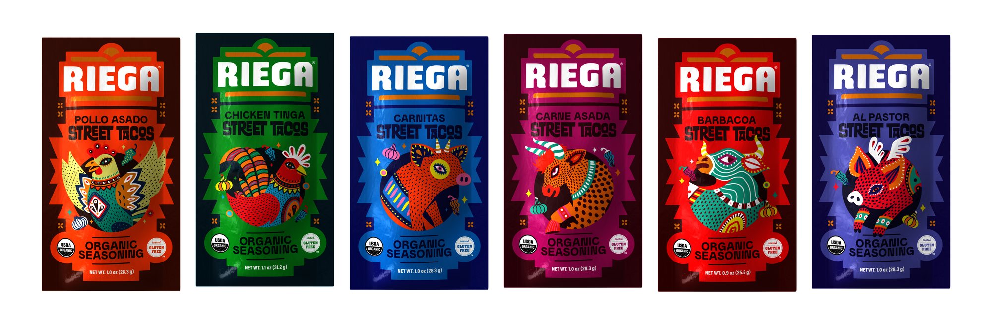 The six Street Tacos pouches standing side by side, each with an animal illustration in a different colour.