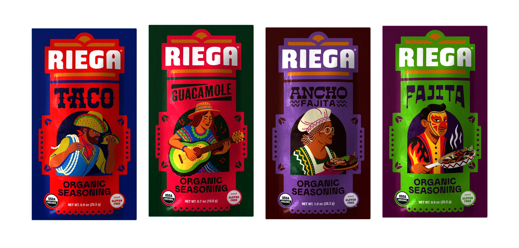 The four Tex-Mex pouches side by side: Taco, Guacamole, Ancho Fajita and Fajita, each with an illustrated character.