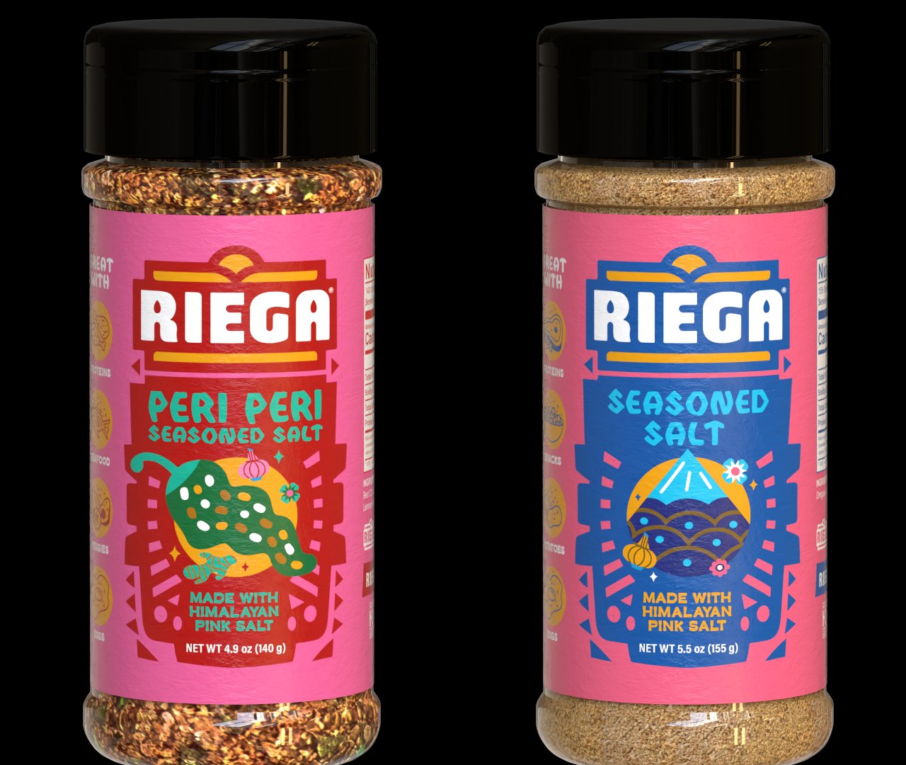 Peri Peri and Seasoned Salt shakers with pink labels, on black.