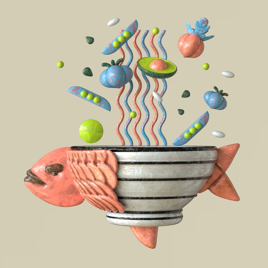 The salmon bowl sculpture alone on a pale ground, with noodles, peas and tomatoes rising out of it.