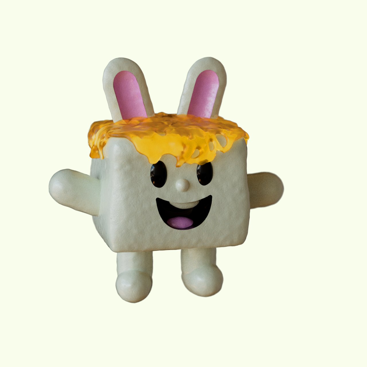 A marshmallow bunny with pink ears and honey on its head.