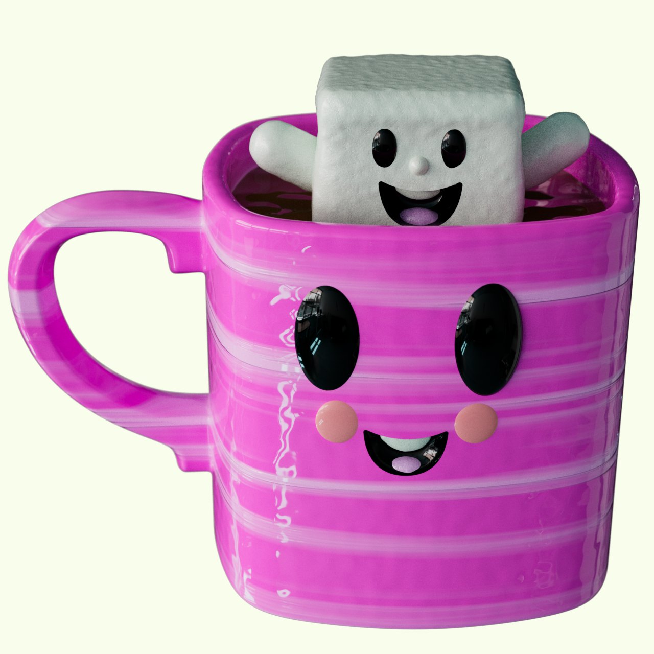 A marshmallow peeking out of a pink striped mug that also has a face.