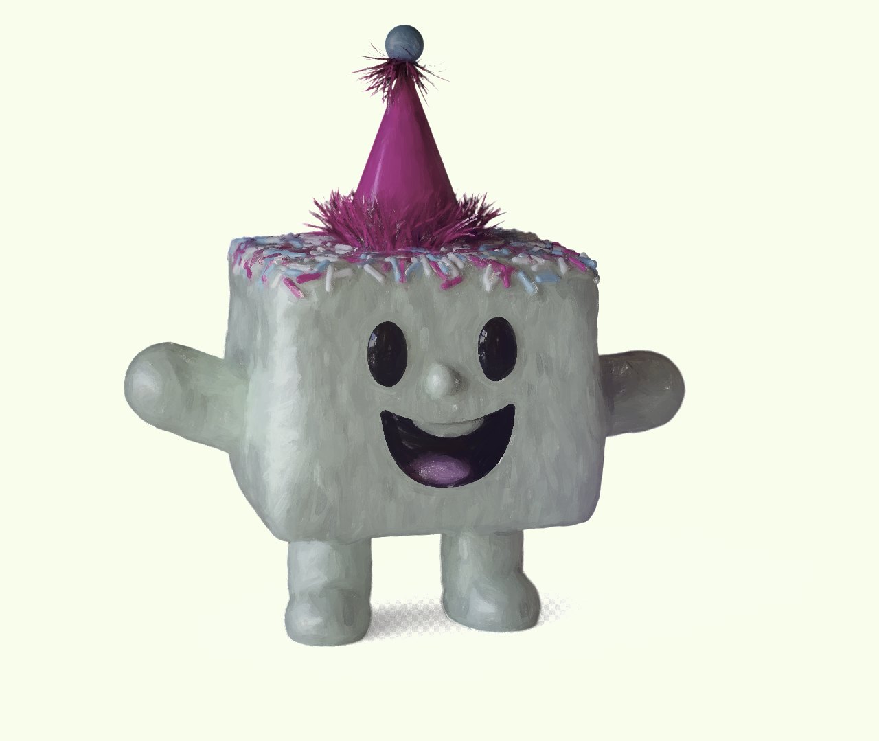 The marshmallow character in a pink party hat with sprinkles on its head.