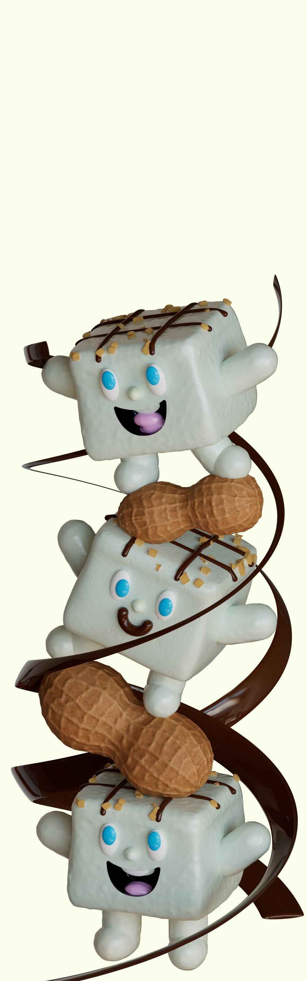 Three stacked marshmallows wrapped in a chocolate ribbon with peanuts.