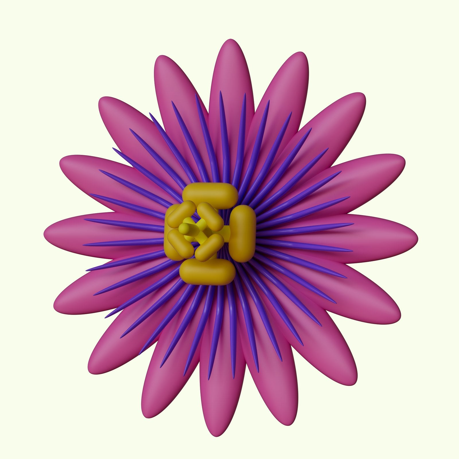 A pink and purple passion fruit flower with a small orange marshmallow face at its centre.