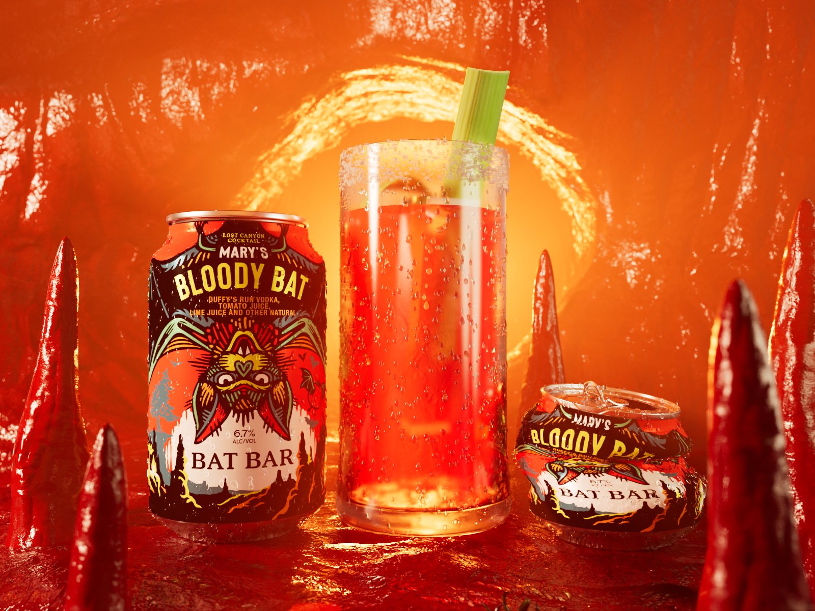 Mary's Bloody Bat can beside a tall Bloody Mary with celery and a crushed can, in the red cave.