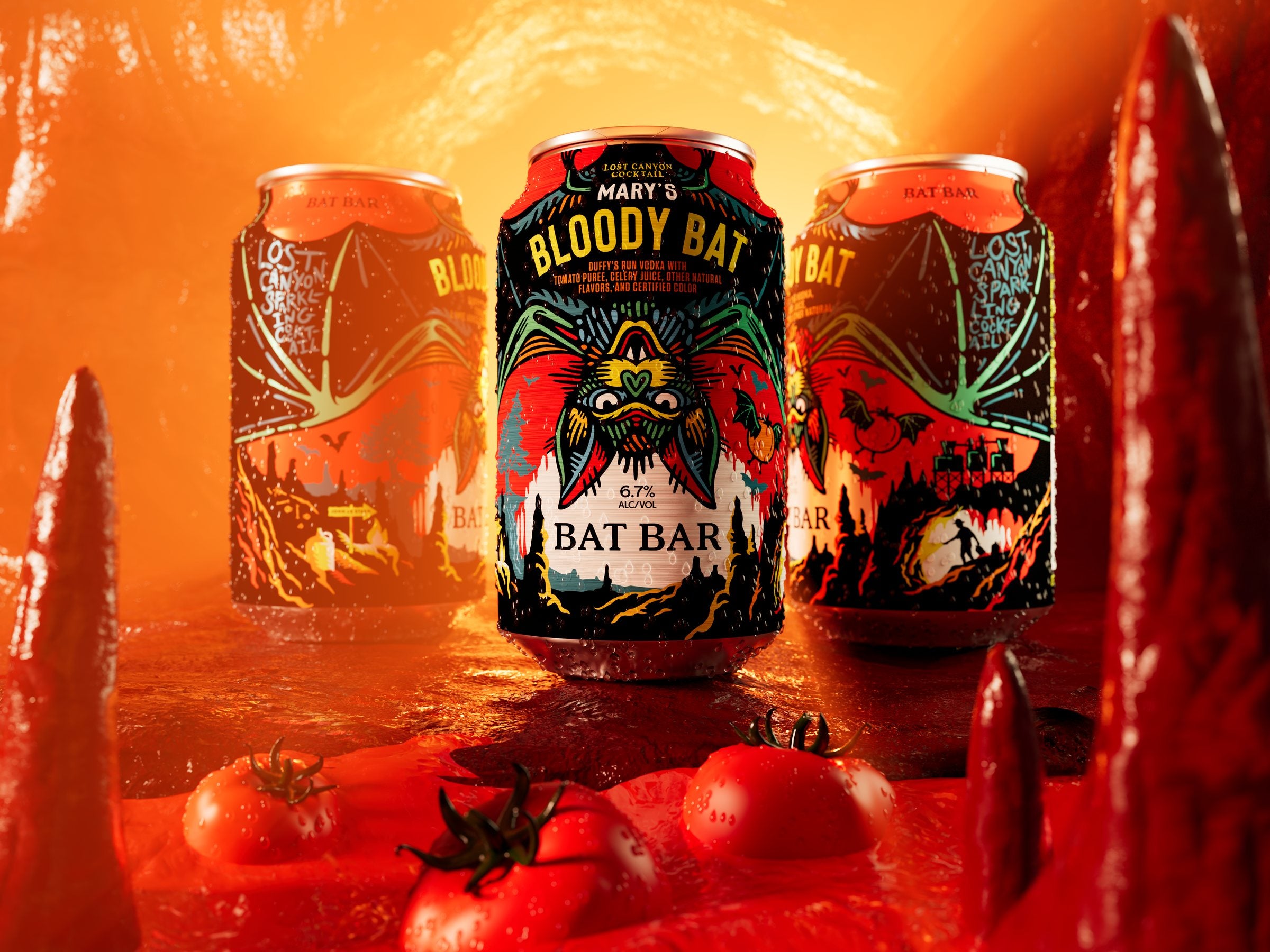 Mary's Bloody Bat can between two Bat Bar cans on wet red stone with tomatoes, in a red cave with a glowing arch.