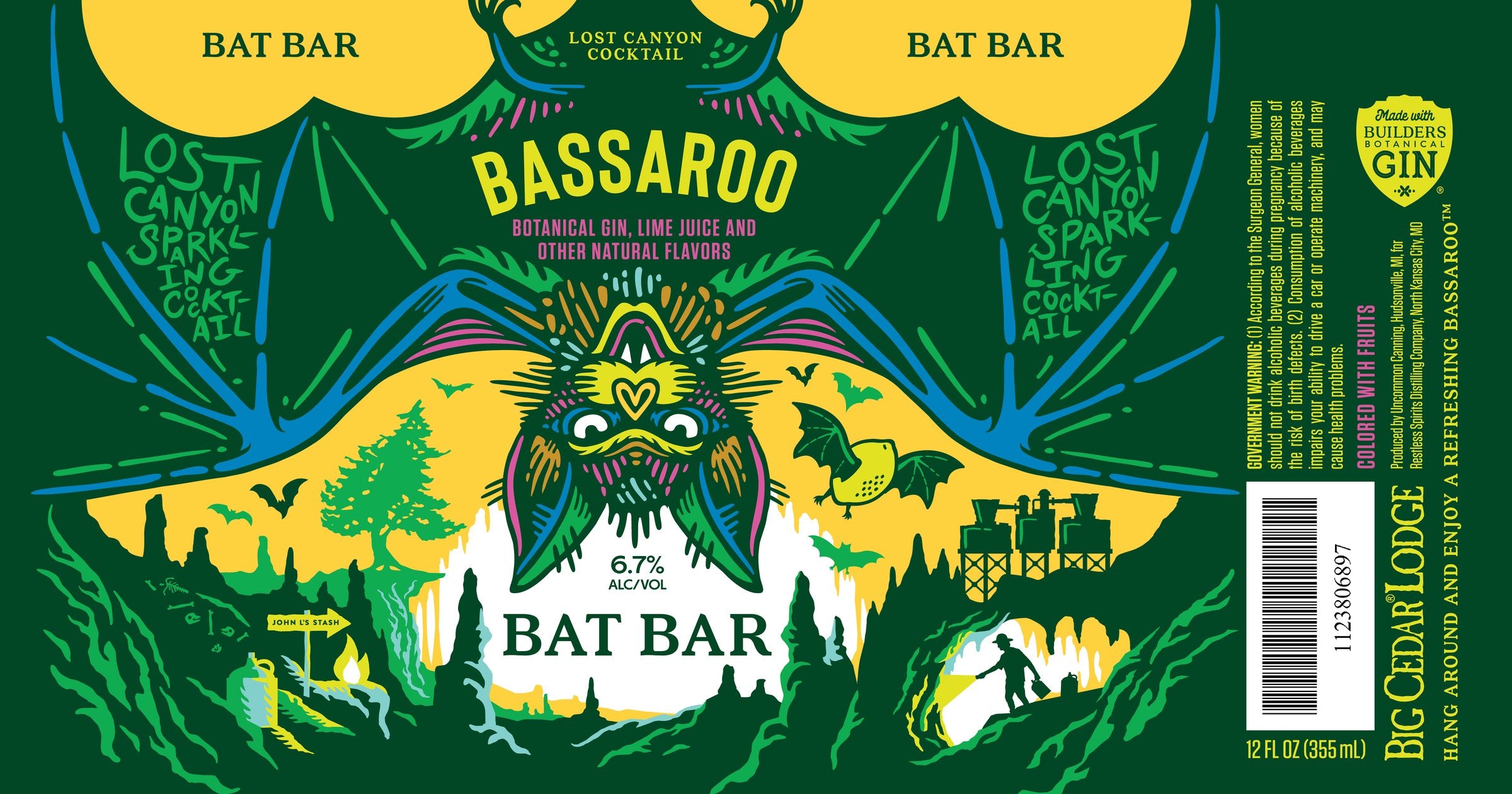 The flat Bassaroo label: green and yellow wrap with the bat, Bat Bar wordmark, Lost Canyon Sparkling Cocktail lettering, legal copy and barcode.
