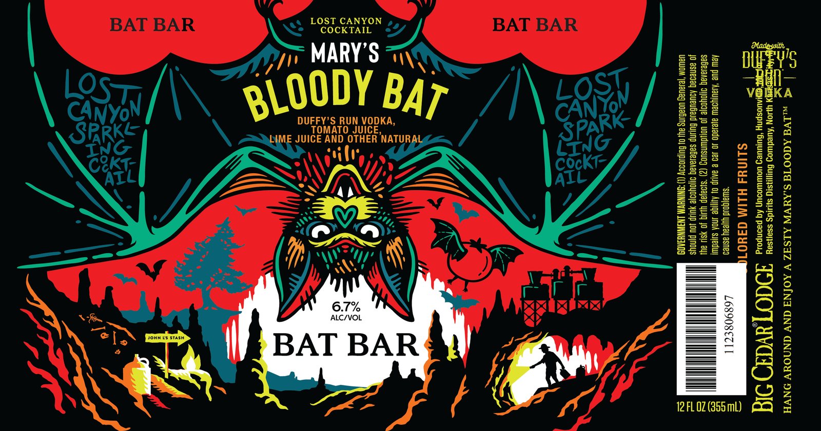 The flat Mary's Bloody Bat label in red and black.