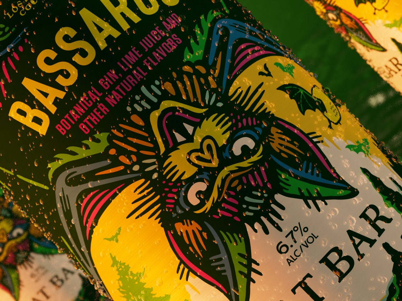 Macro of the Bassaroo label with condensation: the bat, 6.7% alc/vol and the Bat Bar wordmark.