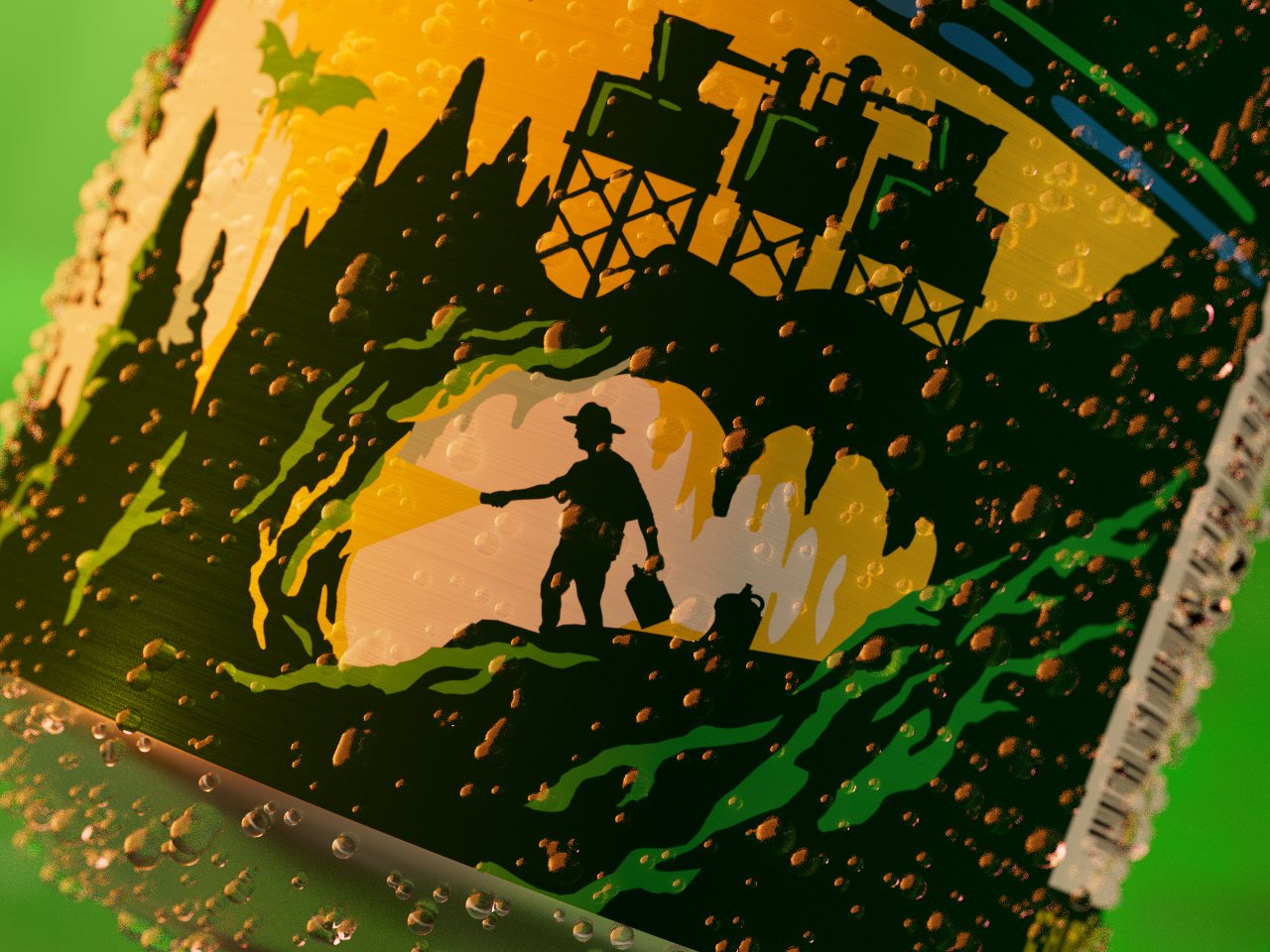 Macro of the label's cave-mouth scene: an explorer with a lantern beneath a mine tower, covered in droplets.