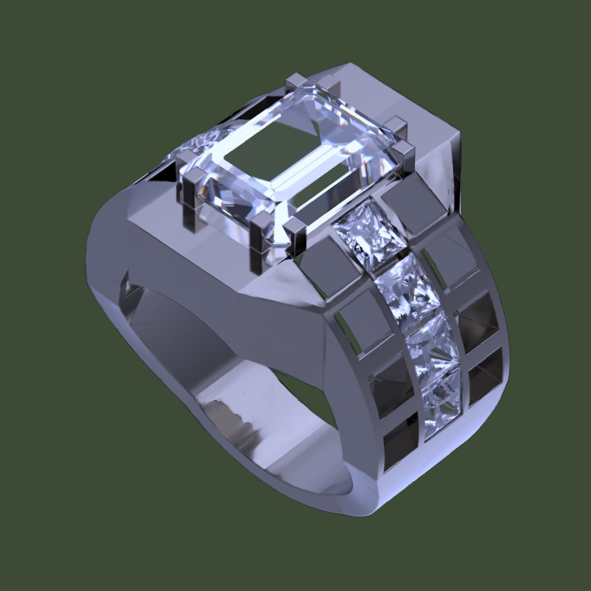 The rendered ring in polished silver, slightly turned.