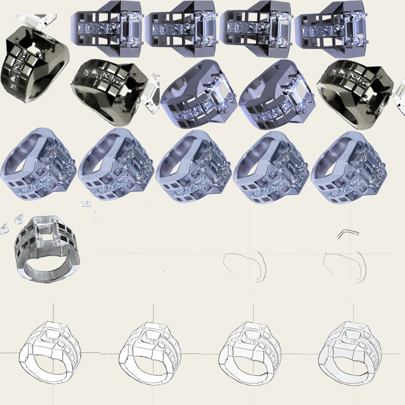 A sprite sheet of ring frames packed tightly on one image, from sketch lines to polished silver.